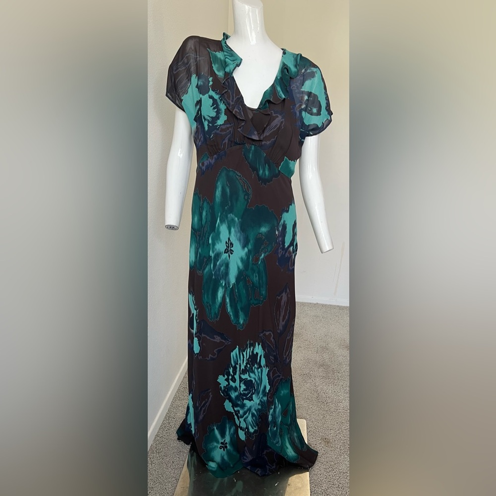 Vintage 1990s Carole Little Emerald Green And Brown Floral PrintMaxi Dress